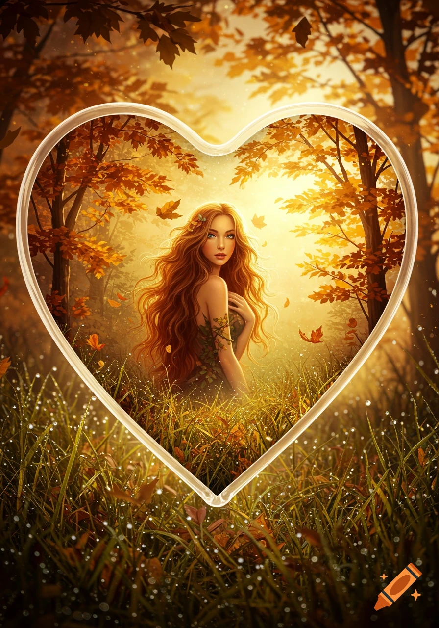 A beautiful fantasy girl in a leaf dress stands in a glowing autumn forest with falling leaves, morning dew, framed by a heart-shaped glass.