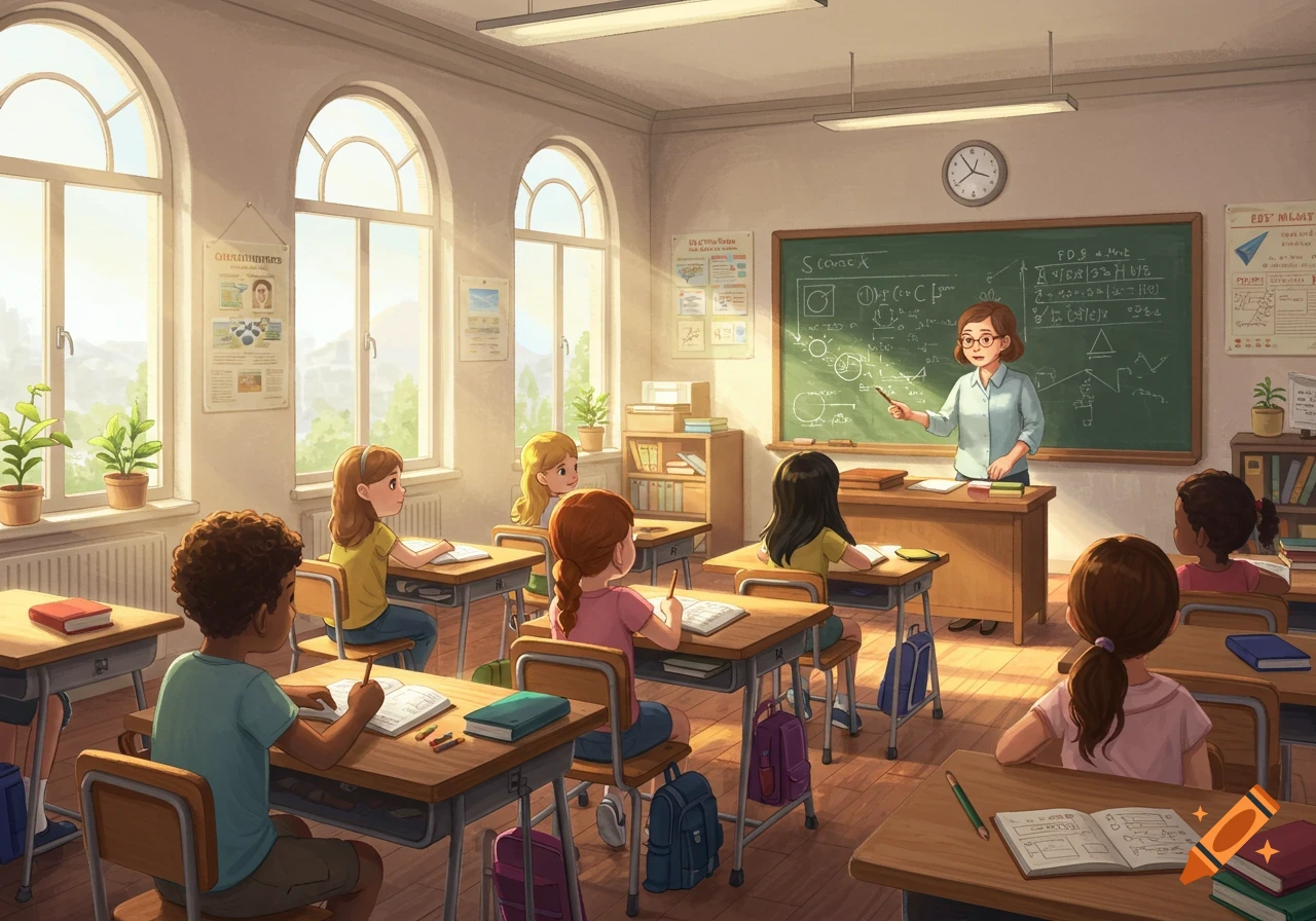 An illustrated classroom scene with a teacher at the blackboard and students at their desks. Sunlight streams through arched windows.