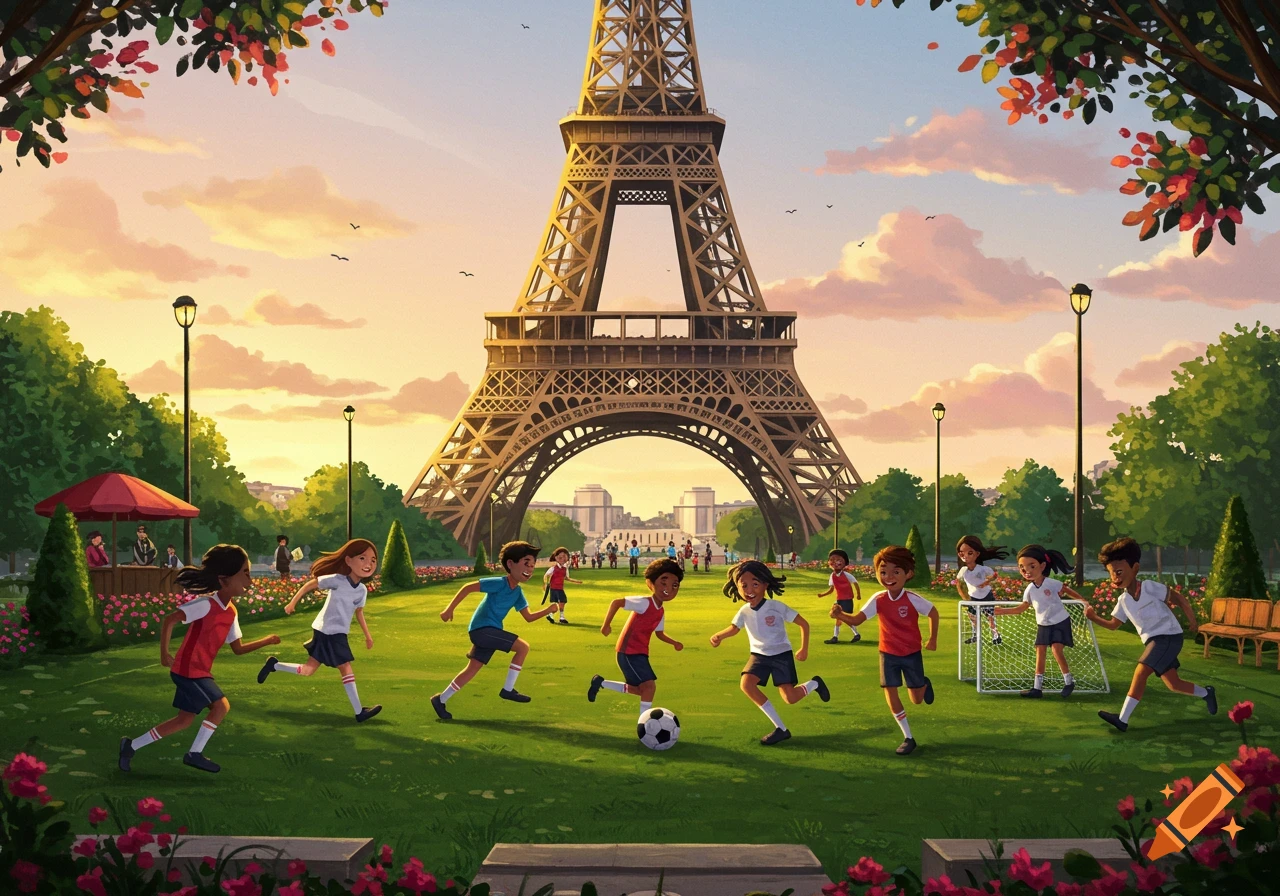 Cartoon children play soccer in a park in front of the Eiffel Tower at sunset, with colorful trees and flowers.