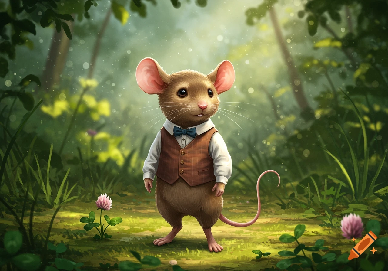 A cute mouse wearing a brown vest and blue bow tie stands in a sun-dappled green forest with clover flowers, in an illustrative style.
