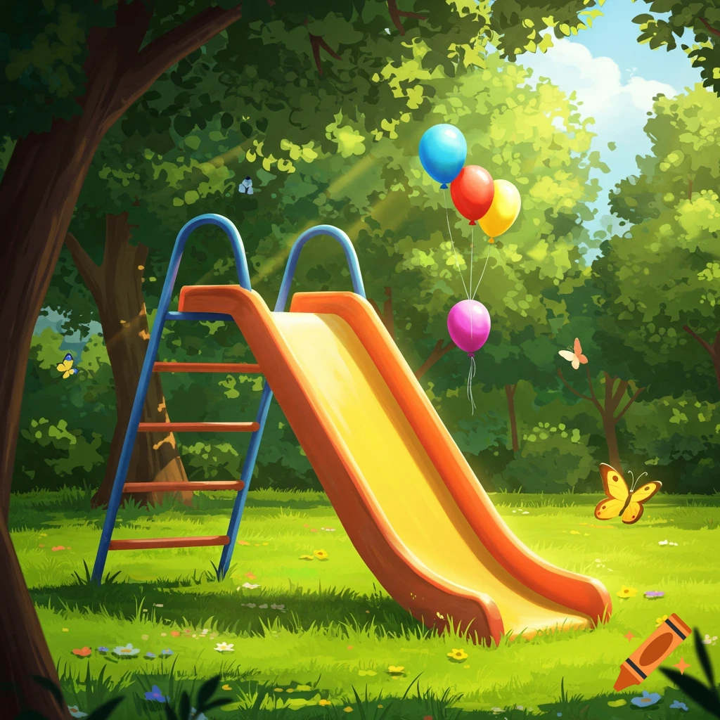 Vibrant illustration of a yellow and orange playground slide in a sunny green park with trees, colorful balloons, and butterflies.