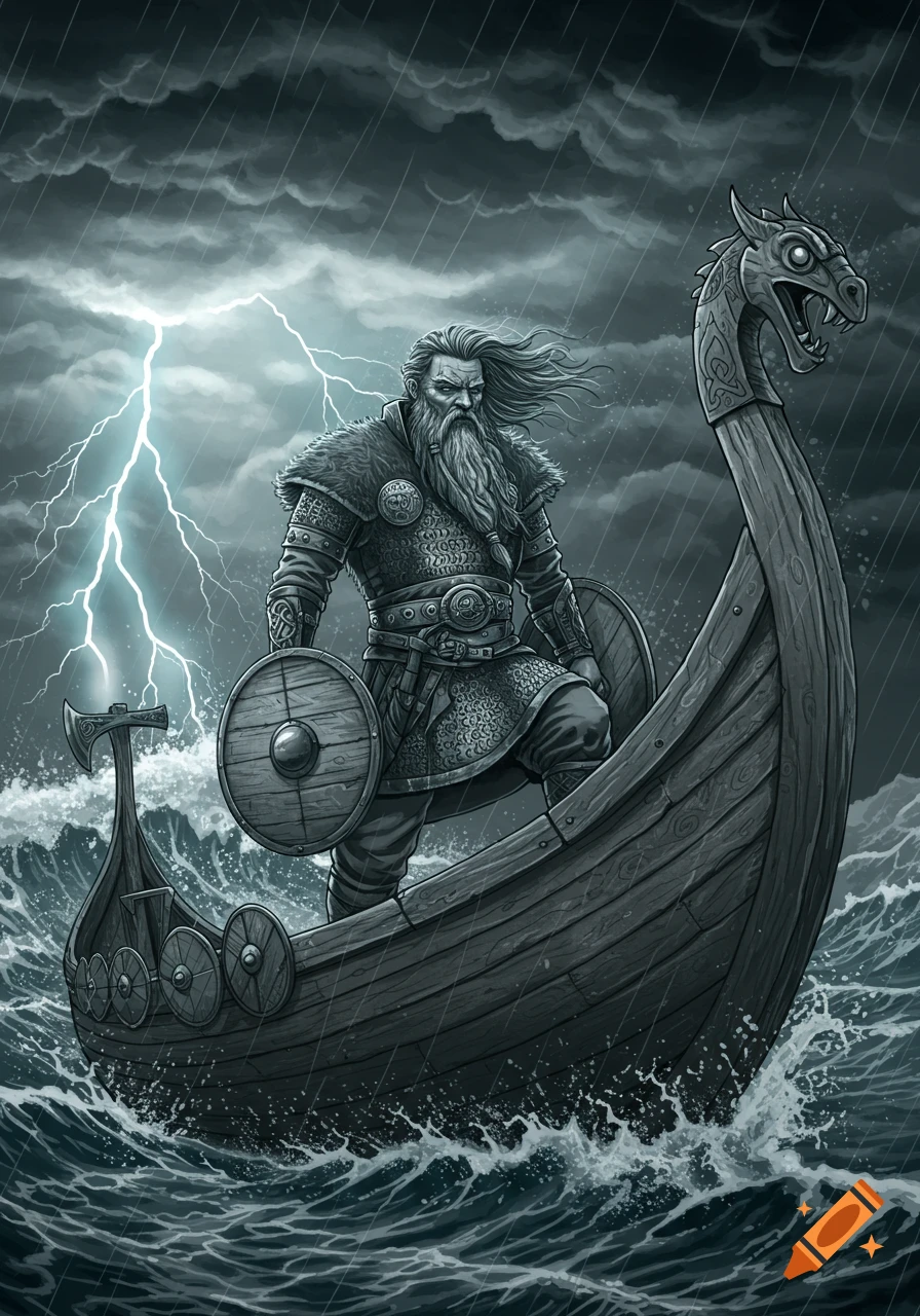 A grizzled viking warrior stands on a longship amid a stormy, lightning-filled sea, in a grayscale tattoo art style.