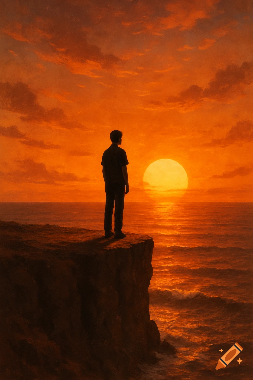 A lone person stands on a cliff edge, silhouetted against a vibrant orange sunset over the ocean, in a painterly style.
