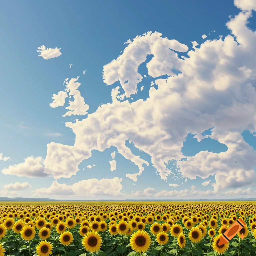 A vast field of sunflowers under a blue sky, with white clouds forming the shape of Europe.