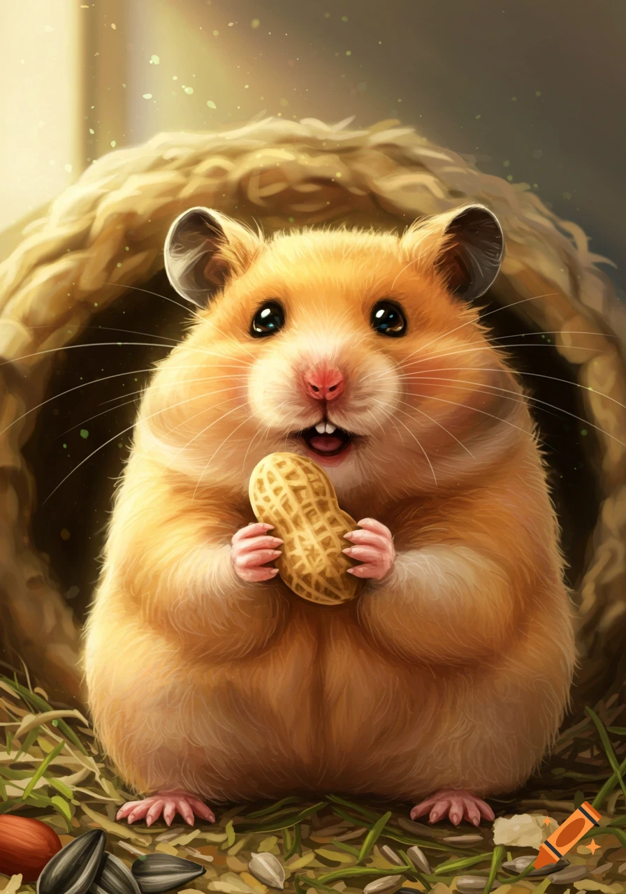 A cute, fluffy orange hamster happily holds a peanut, sitting in front of a burrow.