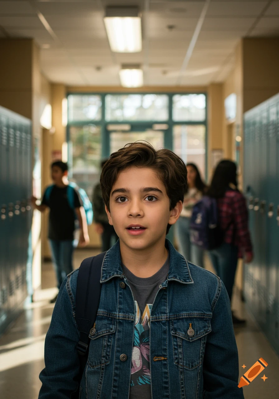 A photorealistic portrait of a young brunette boy with a backpack and denim jacket in a school hallway.