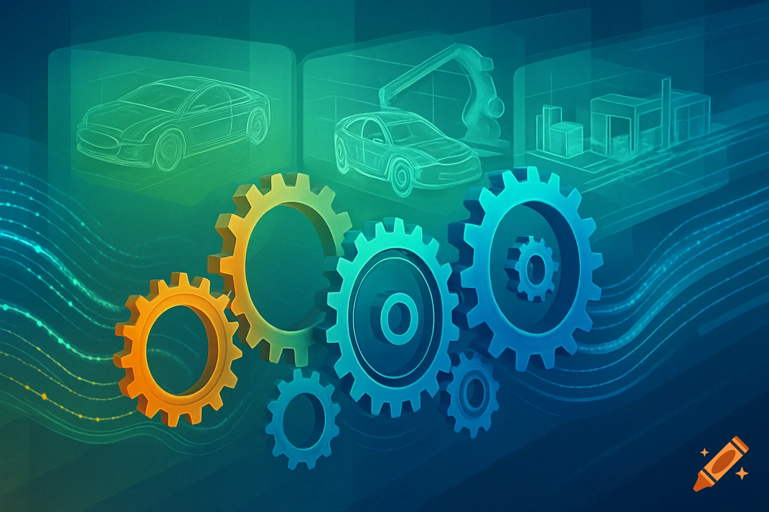 Stylized gears in orange, yellow, and blue with faint blueprint outlines of cars and buildings on a gradient background.
