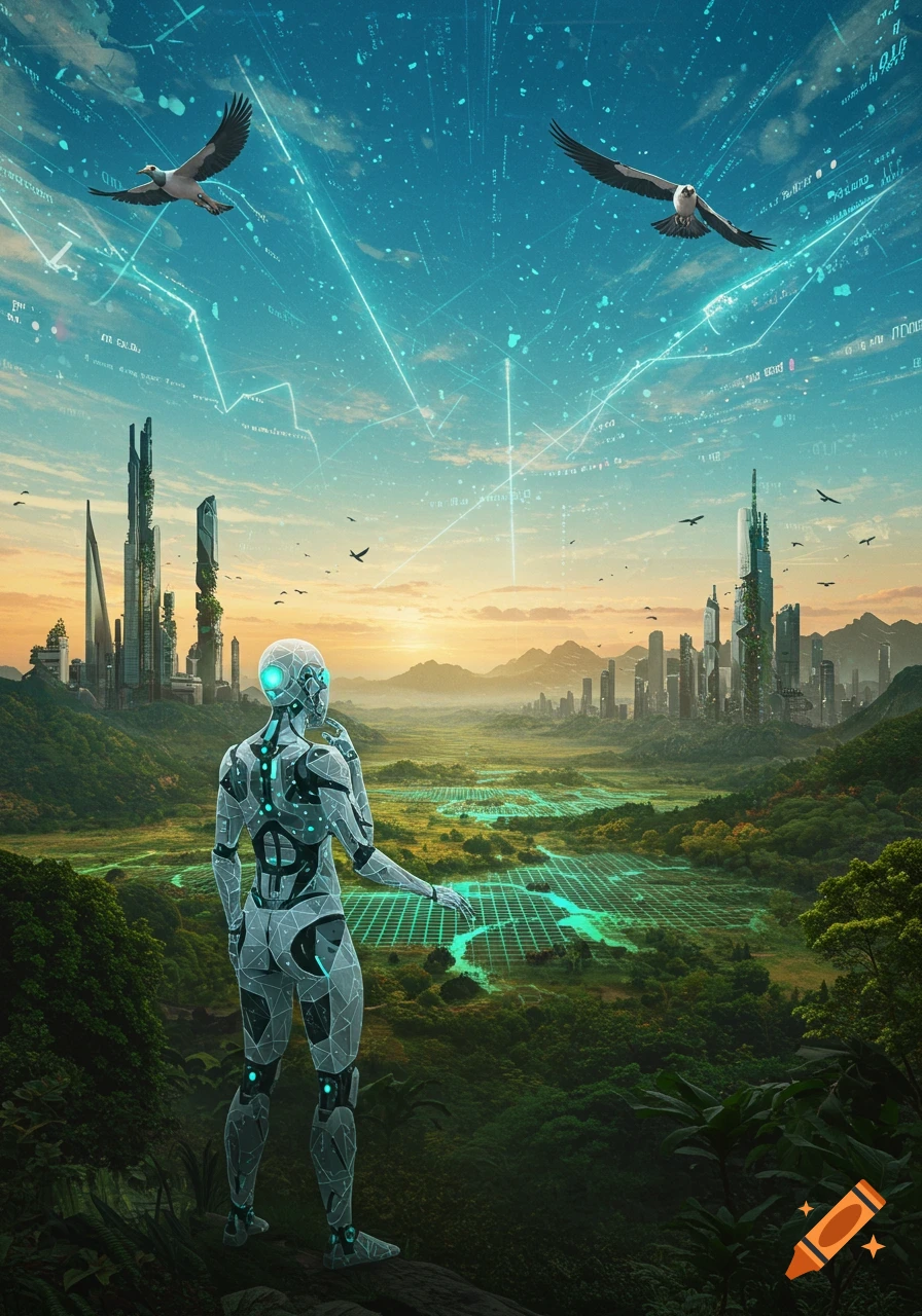 A humanoid robot observes a futuristic city in a lush valley with digital grids and data streams in the sky, under flying birds.