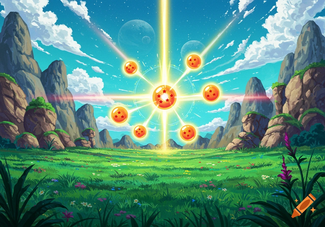 A vibrant anime-style landscape with mountains, green fields, and a bright blue sky. Seven glowing orange Dragon Balls float in the center, radiating light.