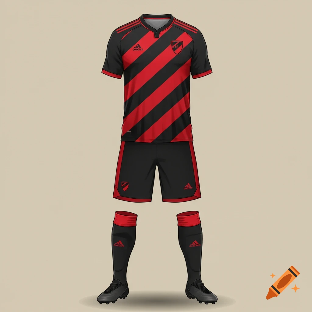 A 2D illustration of a black and red striped soccer uniform with shorts, socks, and cleats on a light brown background.