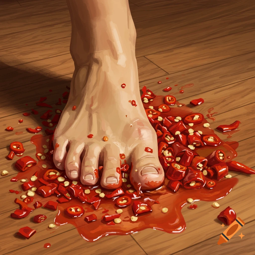 An illustrated bare foot is stepping into a pile of chopped red chilies and their juice on a wooden floor.