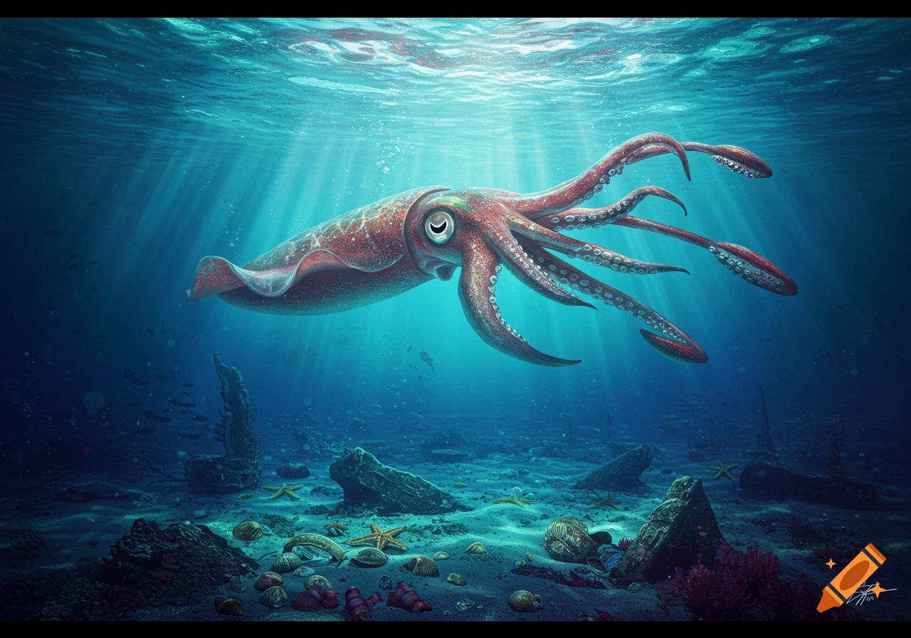 A large red squid swims in a vibrant, sunlit blue ocean, above a detailed seabed with shells, rocks, and starfish.