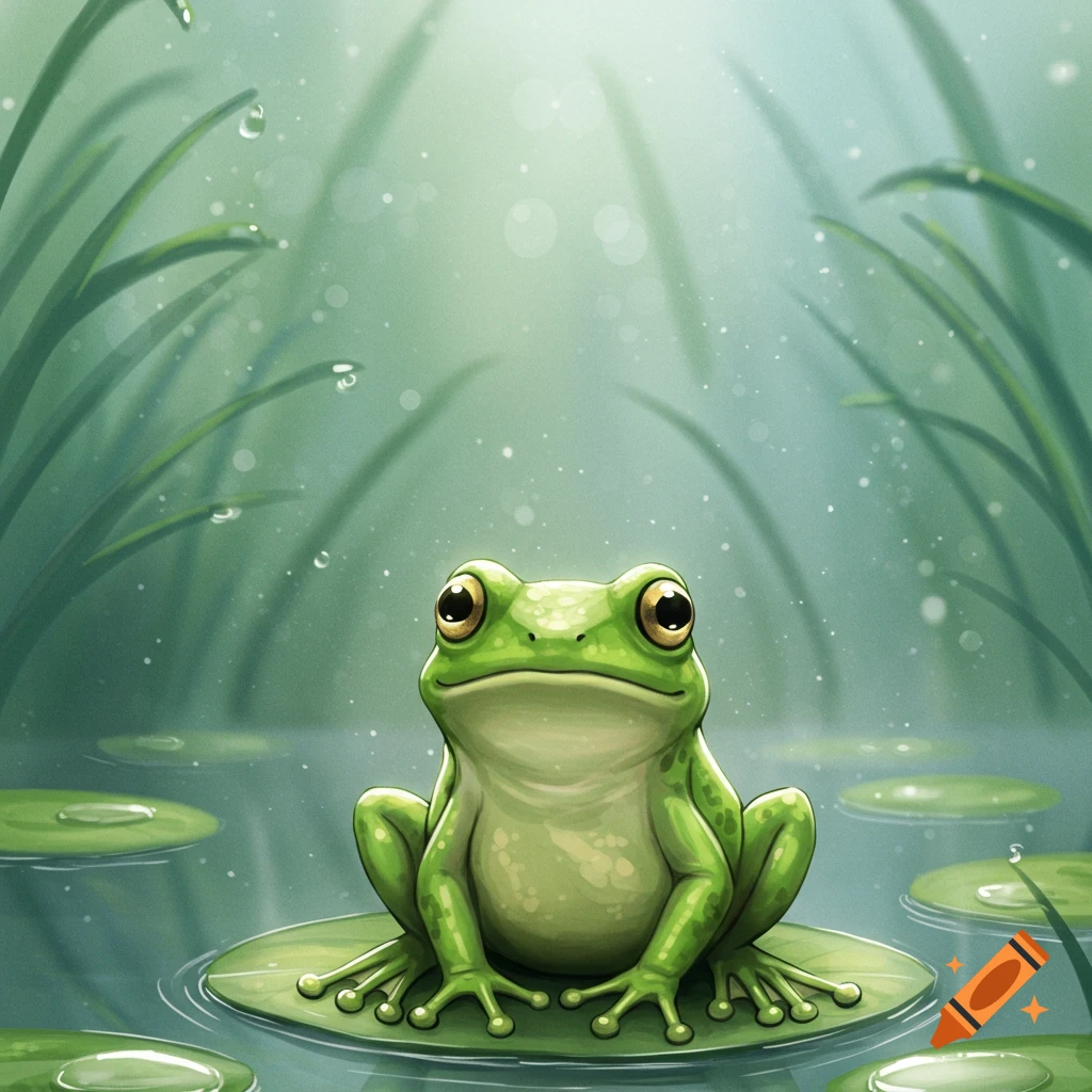A cartoon green frog with large eyes sits on a lily pad in a pond, surrounded by tall grass and sparkling water droplets.