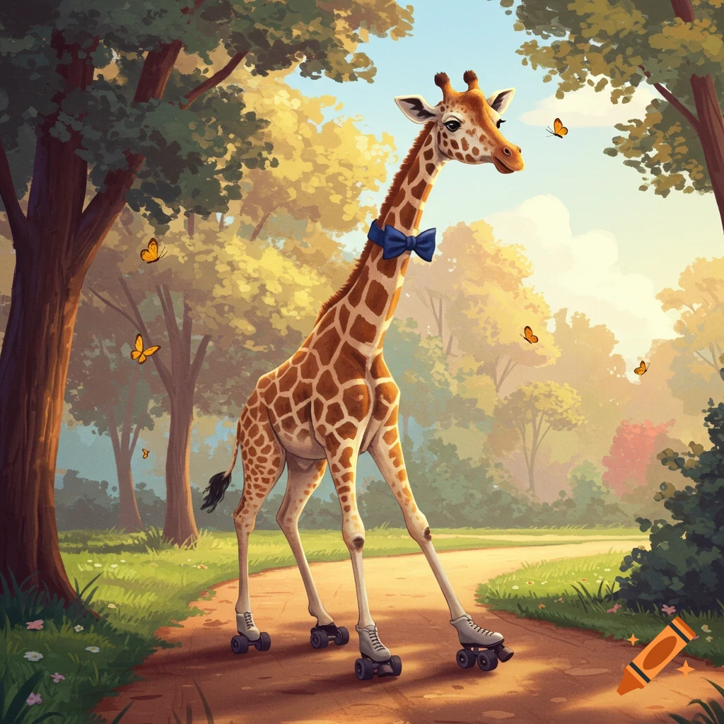An illustrated giraffe wearing a blue bow tie and roller skates walks on a path in a sunny park with trees and butterflies.