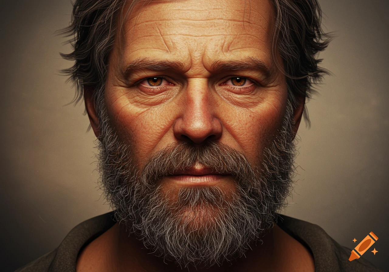 Close-up photorealistic portrait of a grizzled man with a grey and brown beard, amber eyes, and weathered skin.