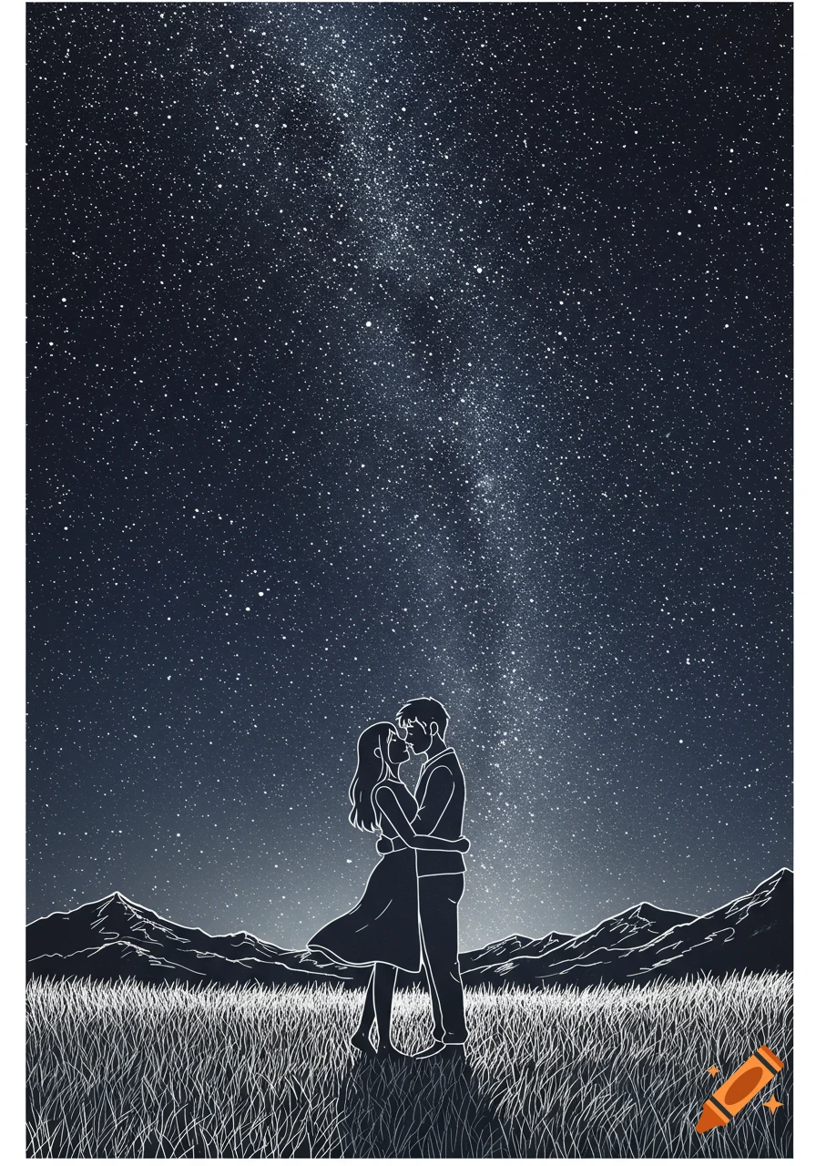 Minimalist line drawing of a couple embracing and kissing under a dazzling starry night sky in a grassy field.
