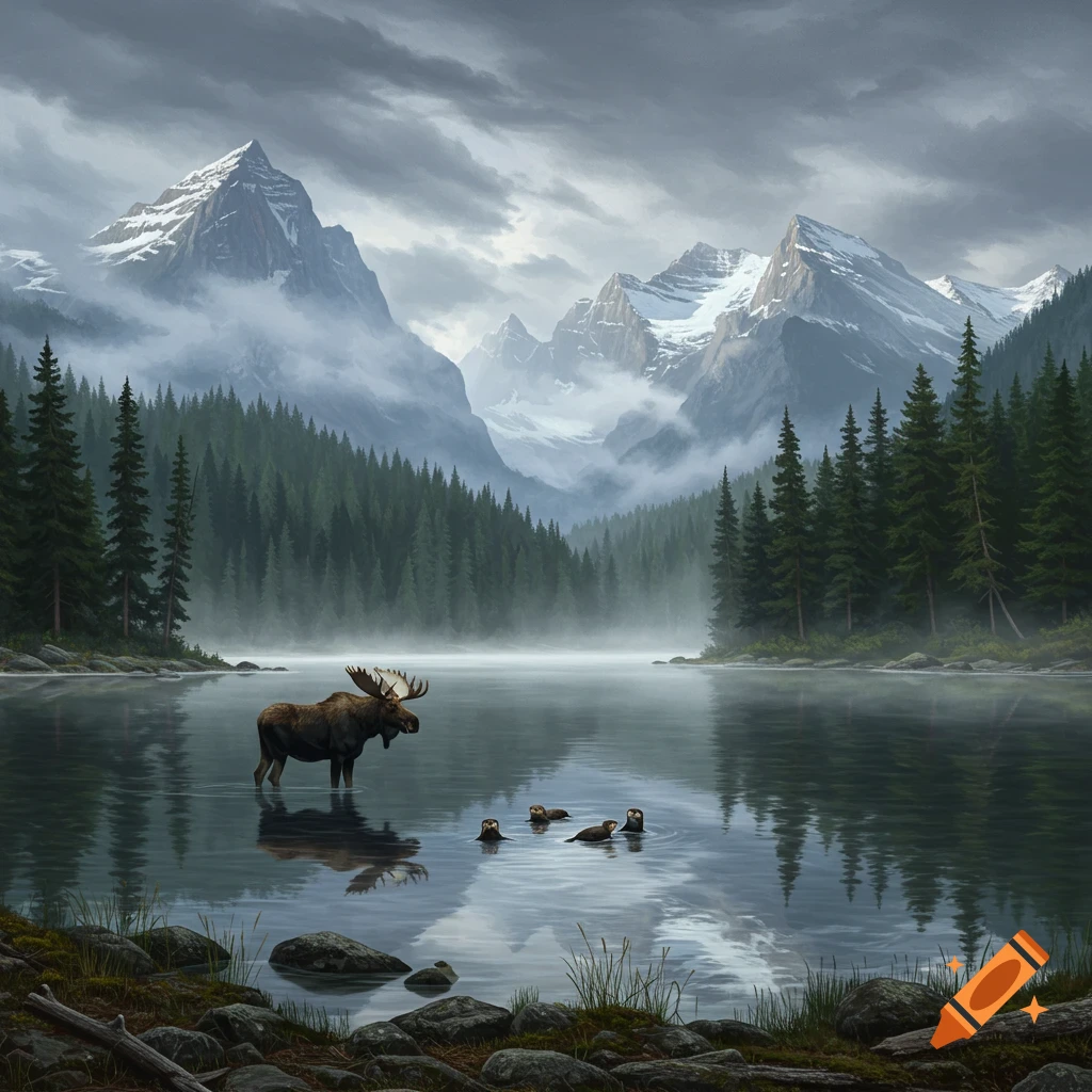 A moose and small otters in a misty lake, surrounded by dense pine forests and snow-capped mountains under a cloudy sky, photorealistic.
