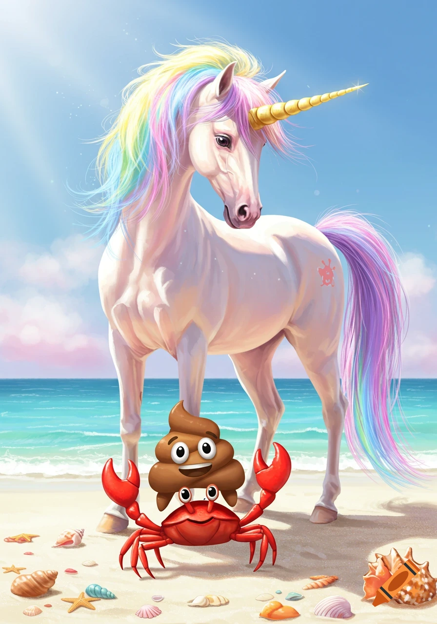 A white rainbow unicorn stands on a sunny beach, looking down at a smiling poop emoji riding a red crab. Seashells dot the sand.