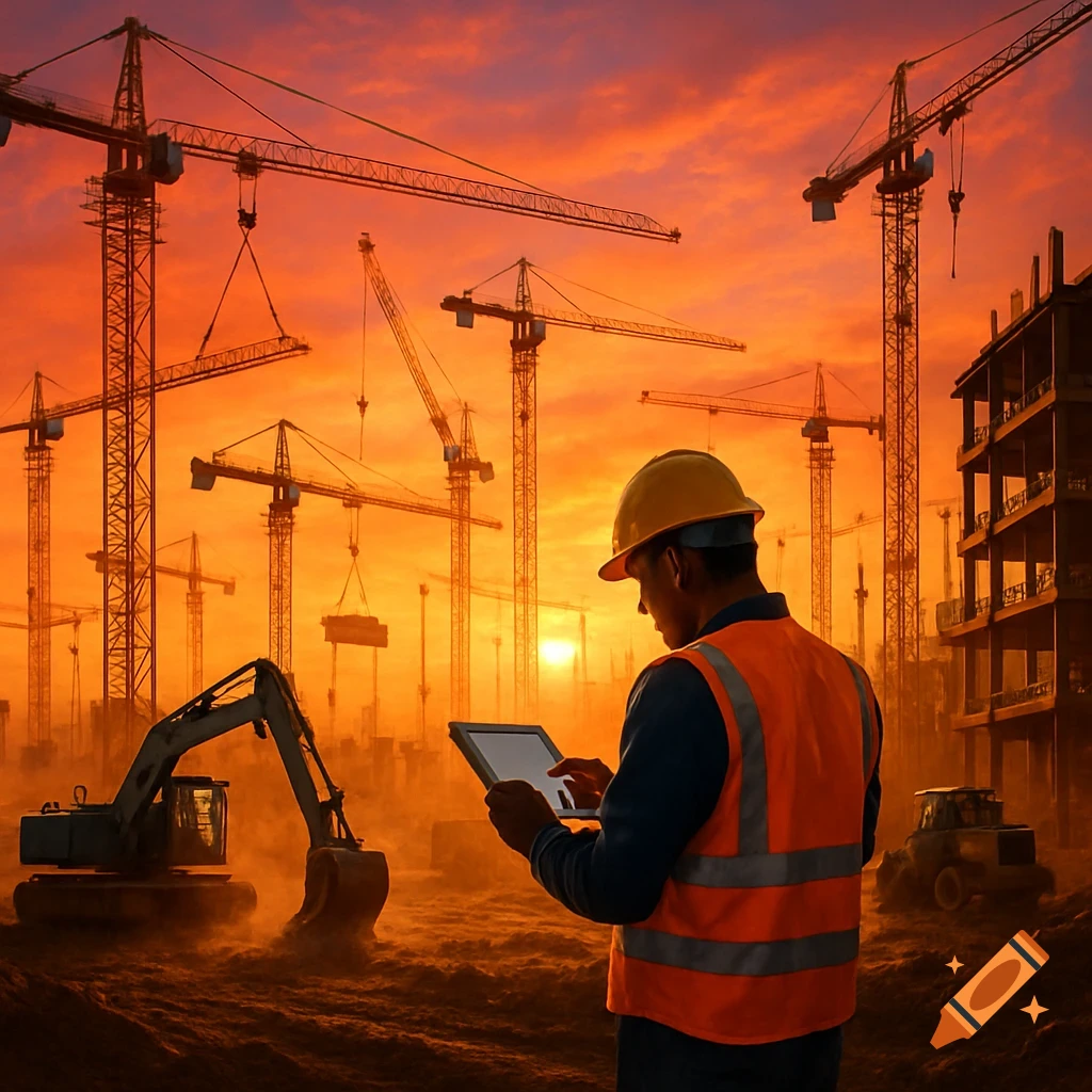 A construction worker in a hard hat and safety vest looks at a tablet on a busy construction site with multiple cranes at sunset.
