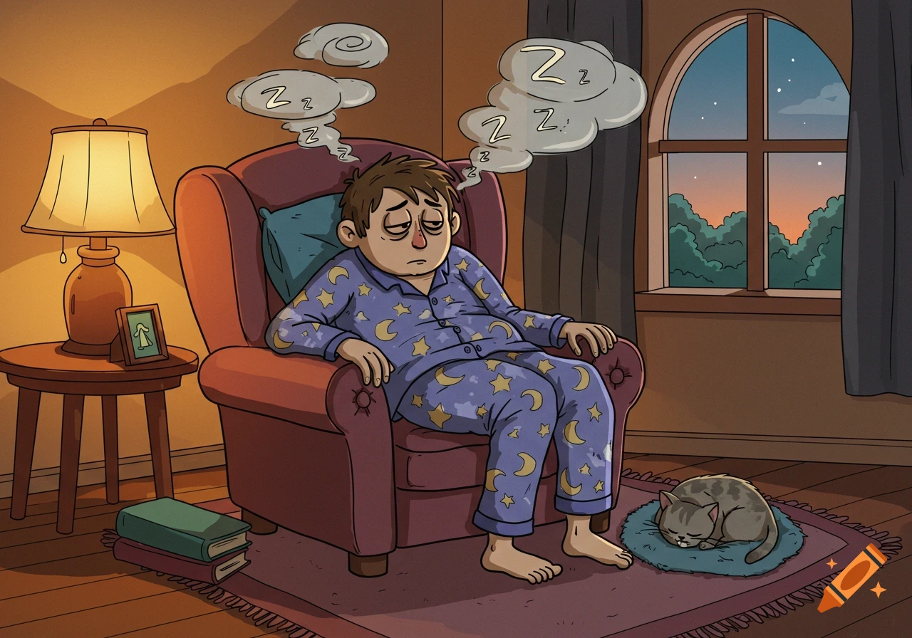 A cartoon man in pajamas dozes in an armchair with 'ZzZz' thought bubbles above his head, next to a sleeping cat.
