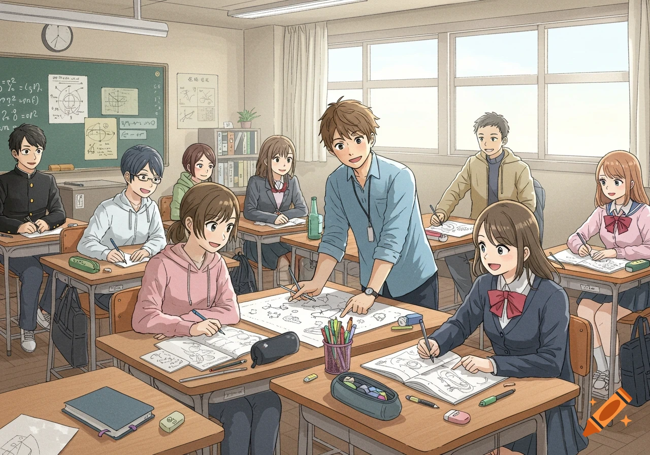 Manga illustration of students and a teacher in a classroom, with students working at desks and the teacher leaning over a project.