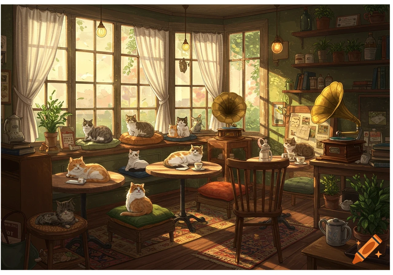 Multiple cats relaxing in a sunlit, cozy cafe with windows, plants, and vintage gramophones, in an illustrative style.