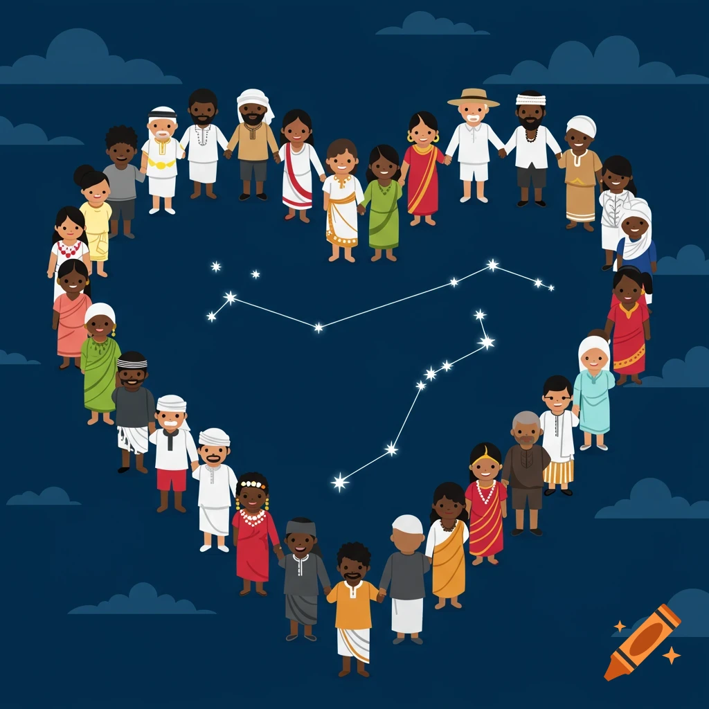 Cartoon illustration of diverse people in traditional attire holding hands in a heart formation, with the Southern Cross constellation in the center.