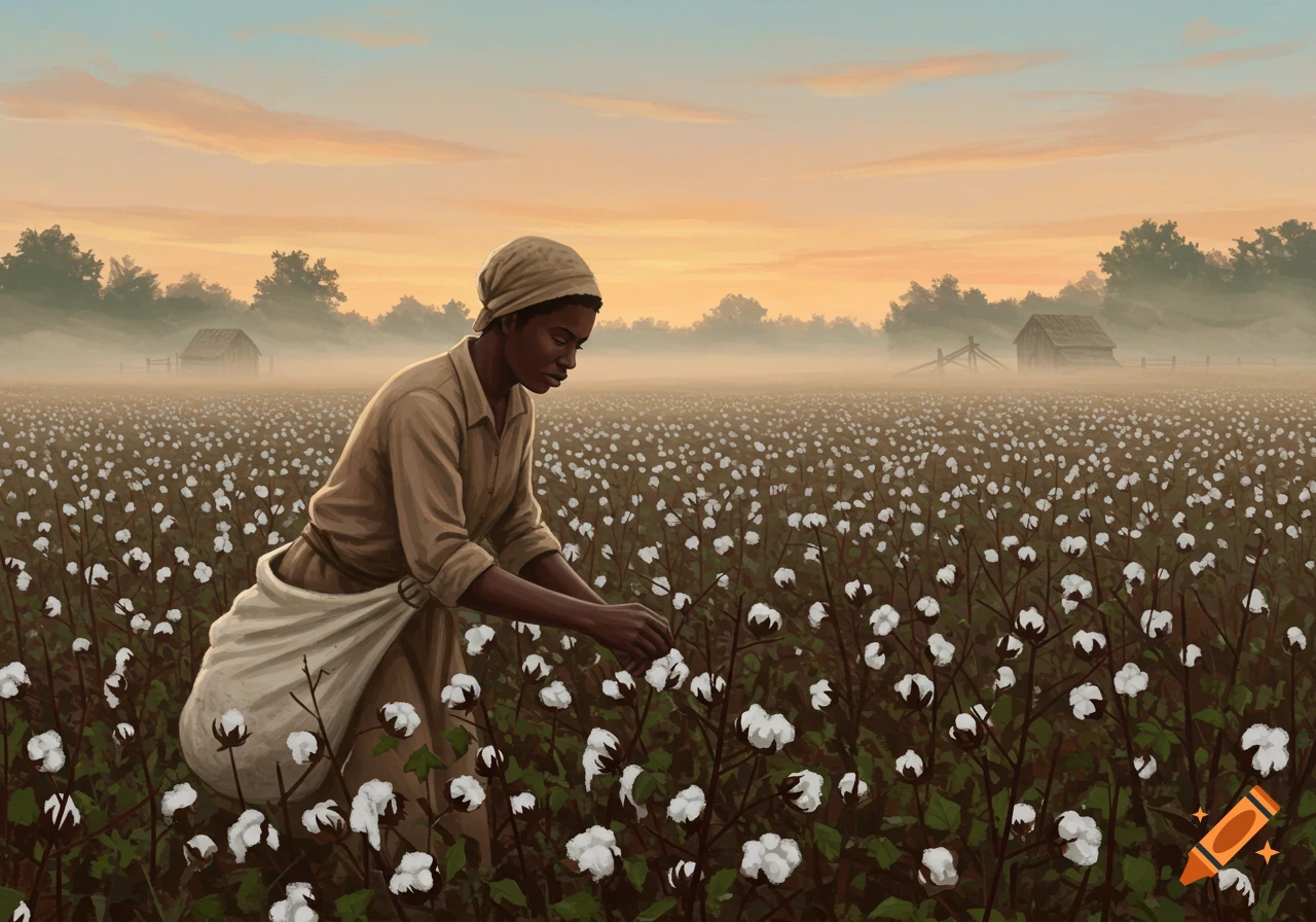 A Black person in historical attire picks cotton in a vast field at sunrise, with a misty rural background and barns in a painterly style.