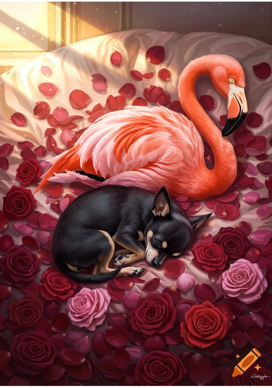 An illustrated black chihuahua and a pink flamingo sleeping on a bed covered in red and pink roses.