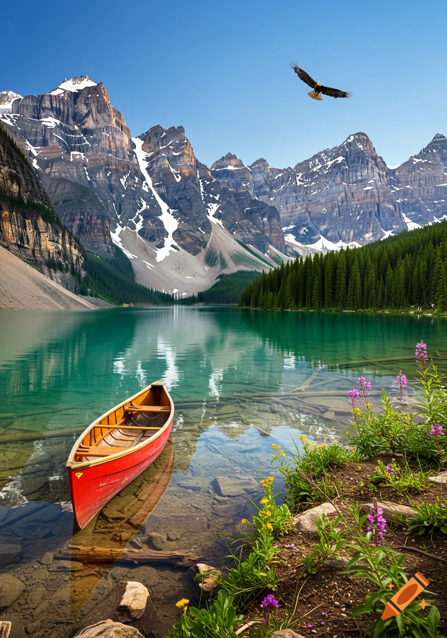 A vibrant red canoe floats on a clear turquoise lake, surrounded by snow-capped mountains, green forests, and wildflowers under a blue sky, with an eagle flying overhead.