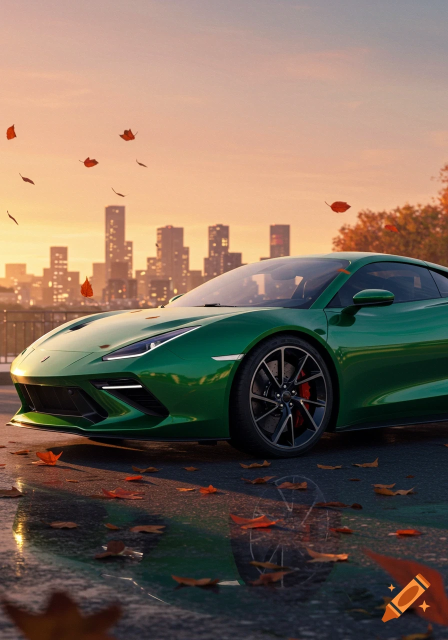 A sleek green sports car is parked on a wet road with autumn leaves, silhouetted against a city skyline at sunset.