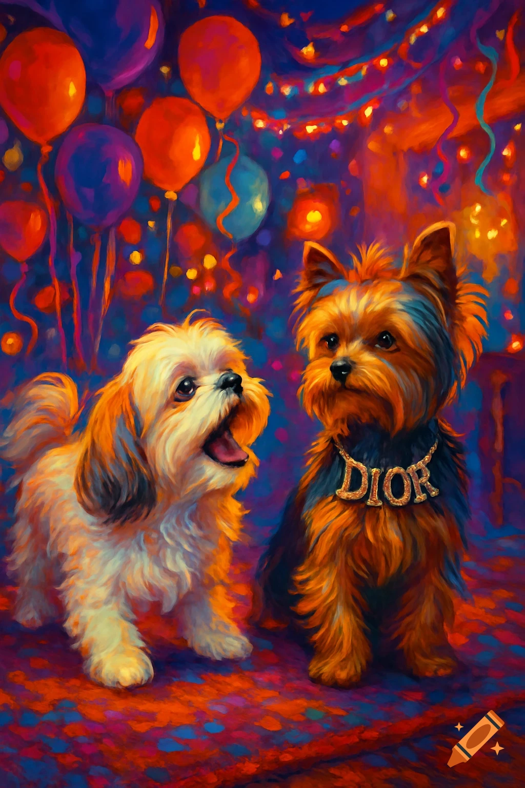 A painterly image of a Shih Tzu barking and a Yorkie wearing a 'Dior' necklace at a colorful party with balloons.