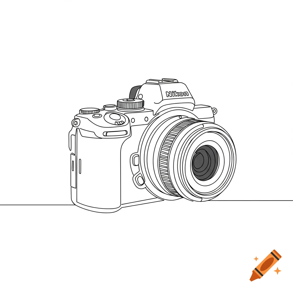 Minimalist one-line art drawing of a Nikon Z30 camera with a large lens, viewed from the side, on a white background.