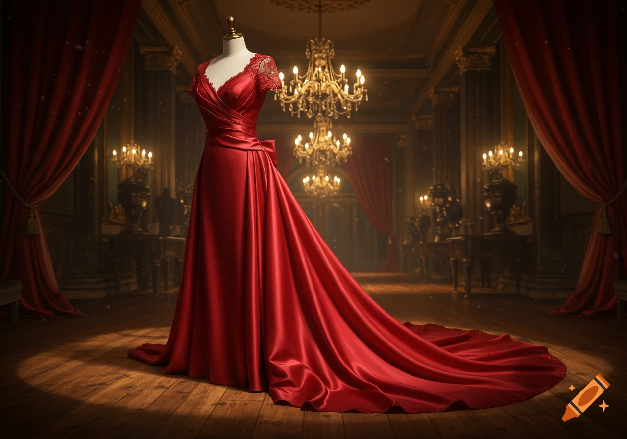 A flowing red satin gown with lace details on a mannequin in a grand, opulent ballroom with chandeliers and red drapes.