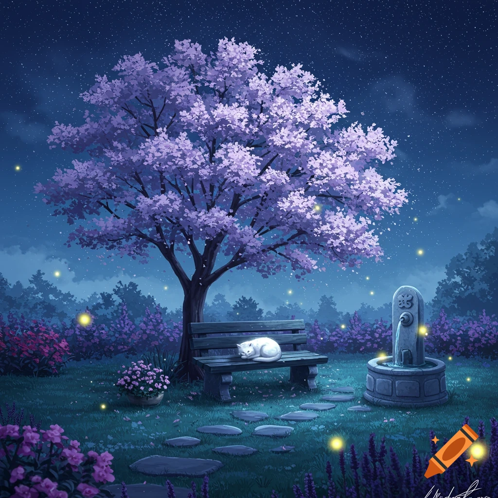 A white cat sleeps on a bench under a glowing purple flowering tree in a moonlit fantasy garden with a fountain and fireflies.