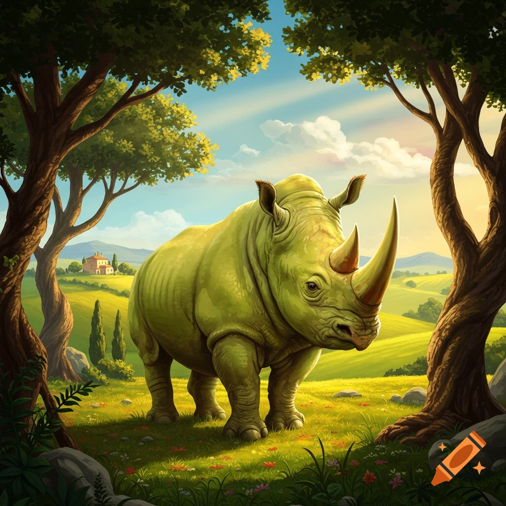 A stylized green rhino stands in a vibrant grassy field framed by trees, with a distant Italian villa under a sunny sky.