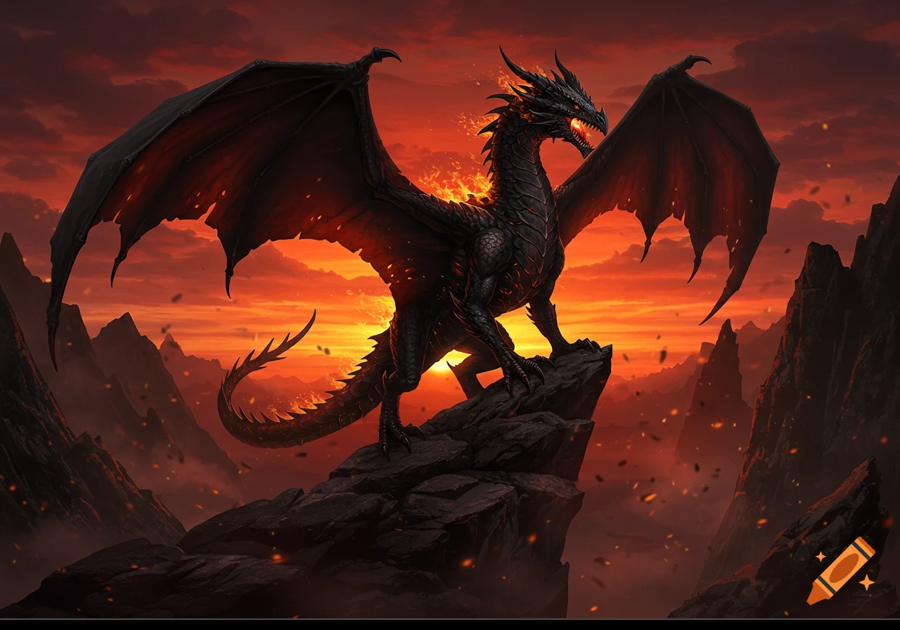 A menacing black dragon with fiery spikes stands on a mountain peak against a dramatic, fiery red and orange sunset.
