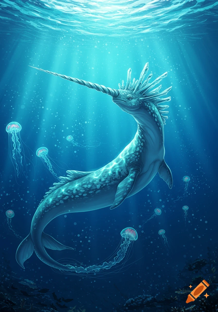 A majestic blue hornacle, a mythical narwhal-like creature, swims through a sunlit deep blue ocean with jellyfish.