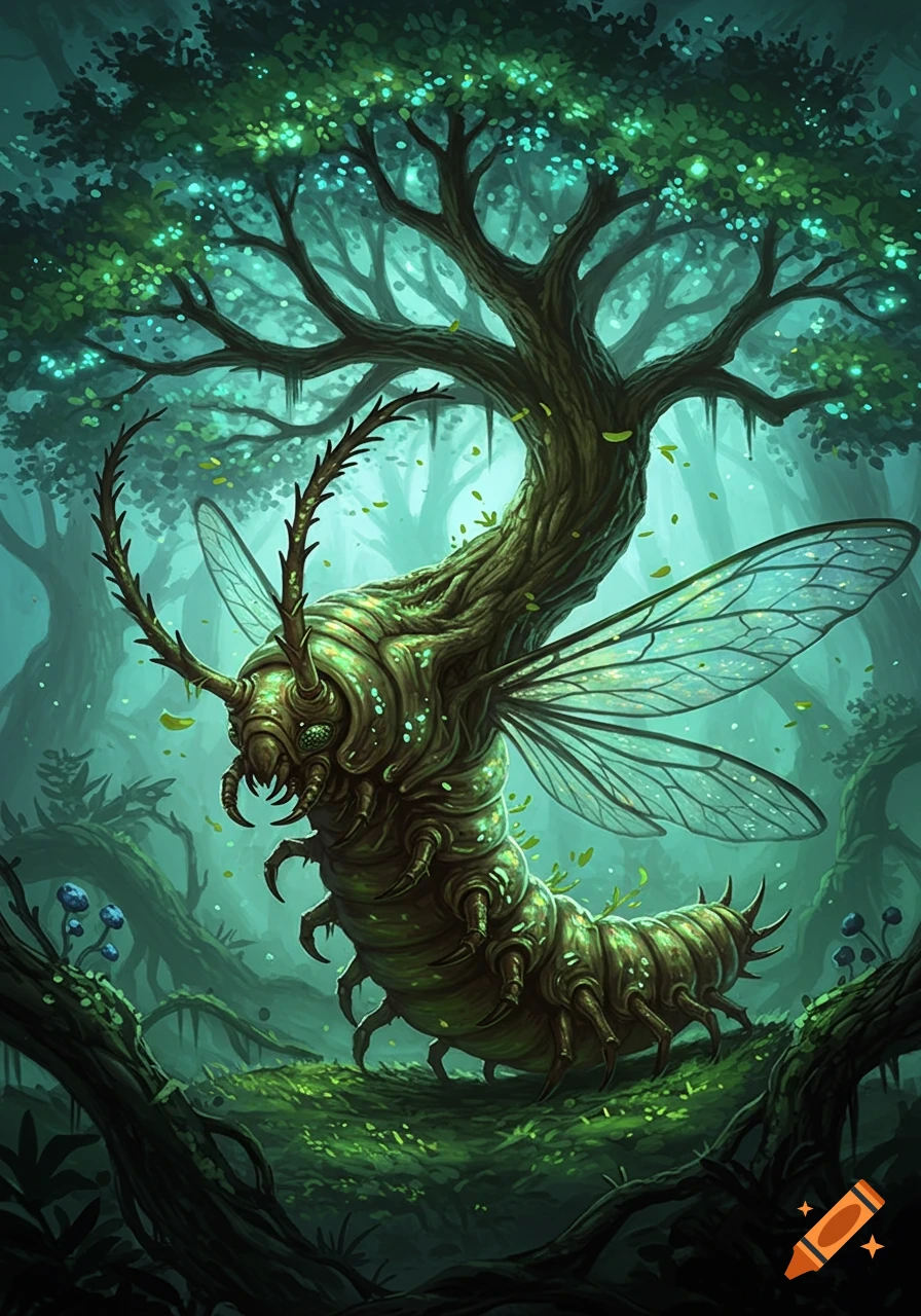 Fantasy illustration of a giant, green, larva-like insect creature with wings and tree features, in a mystical forest.