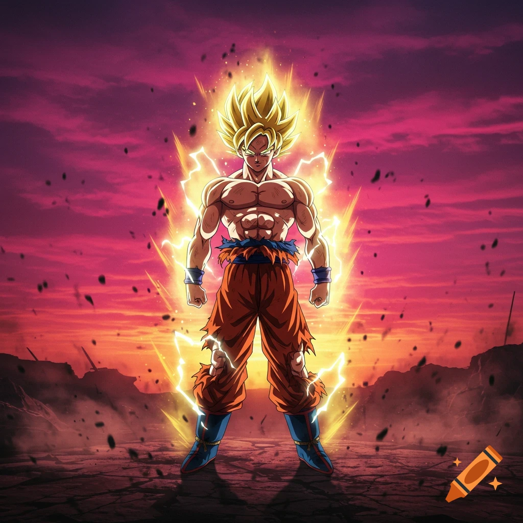 Goku as Super Saiyan glowing with powerful energy, standing in a desolate landscape against a dramatic sunset.