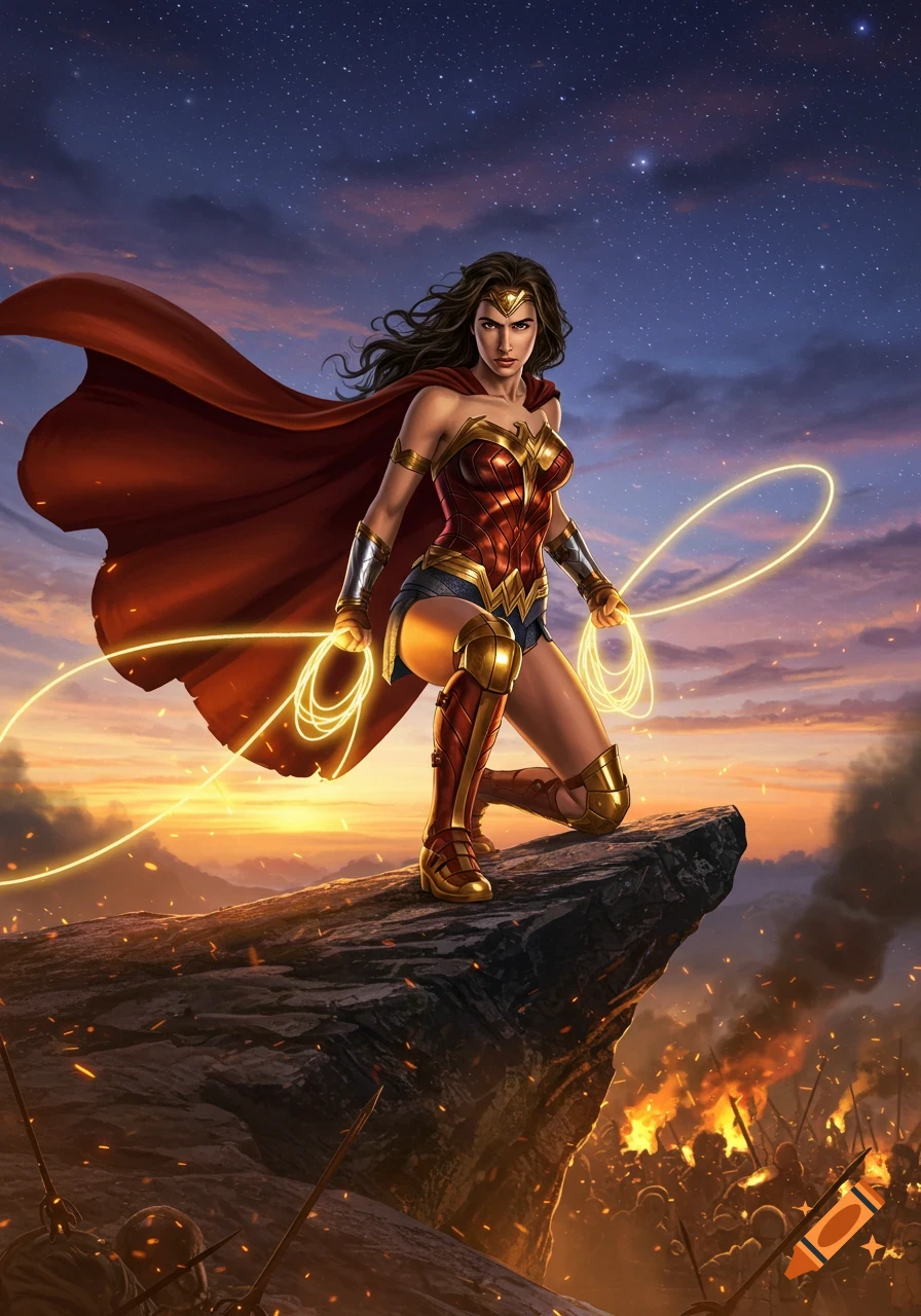 Wonder Woman in her classic armor kneels on a cliff, holding her Lasso of Truth, overlooking a fiery battle at sunset under a starry sky.