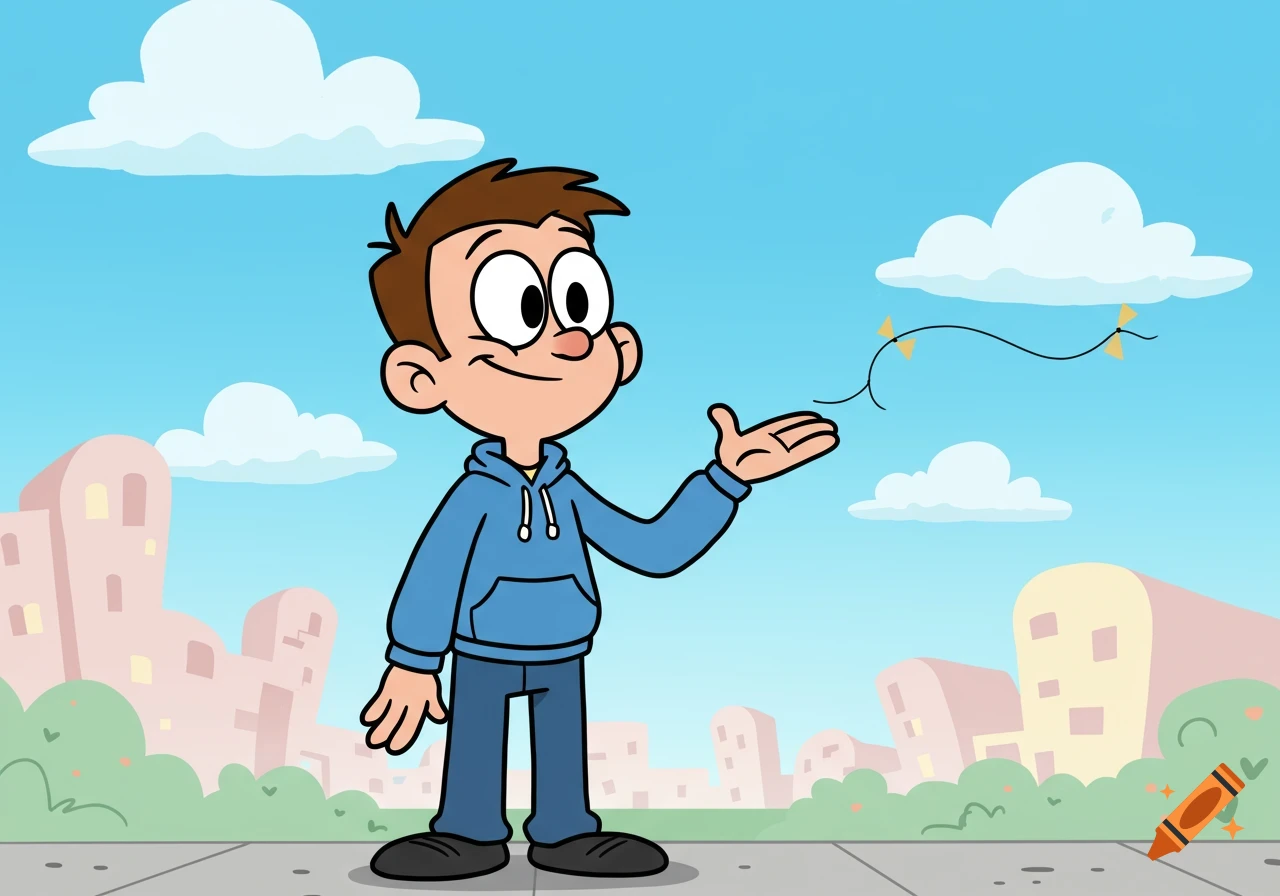 A cartoon boy in a blue hoodie and jeans stands in a city, smiling with his hand open and a kite string floating nearby.