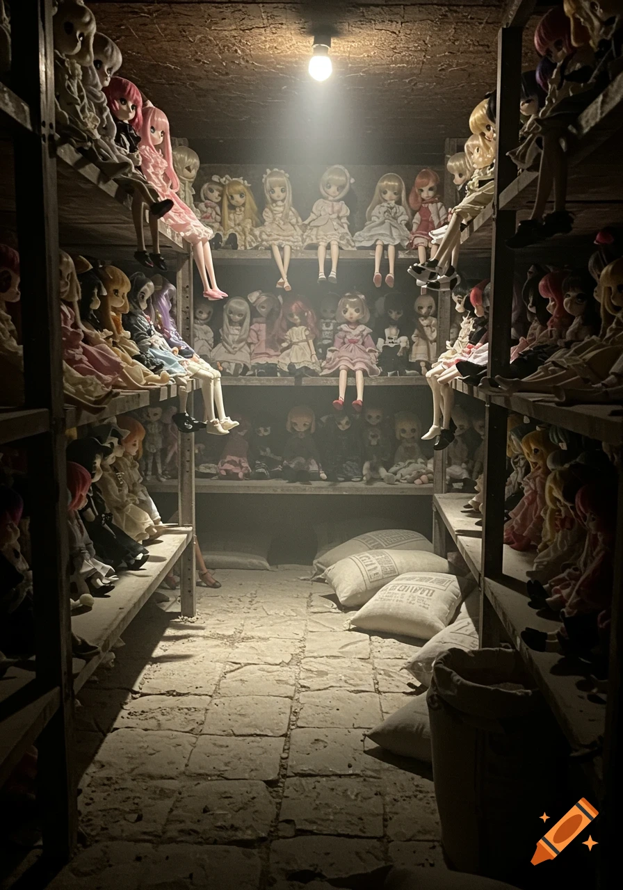 A dimly lit cellar with shelves packed full of various anime dolls and sacks of flour on the floor.