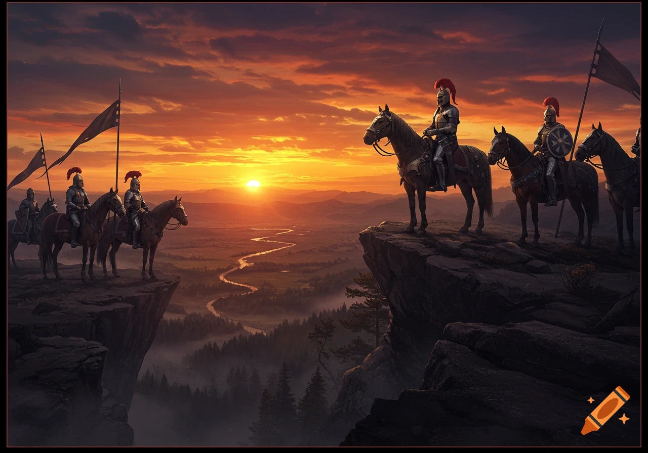 Armored knights on horseback stand on cliff edges, gazing over a vast valley with a winding river at a fiery sunset.