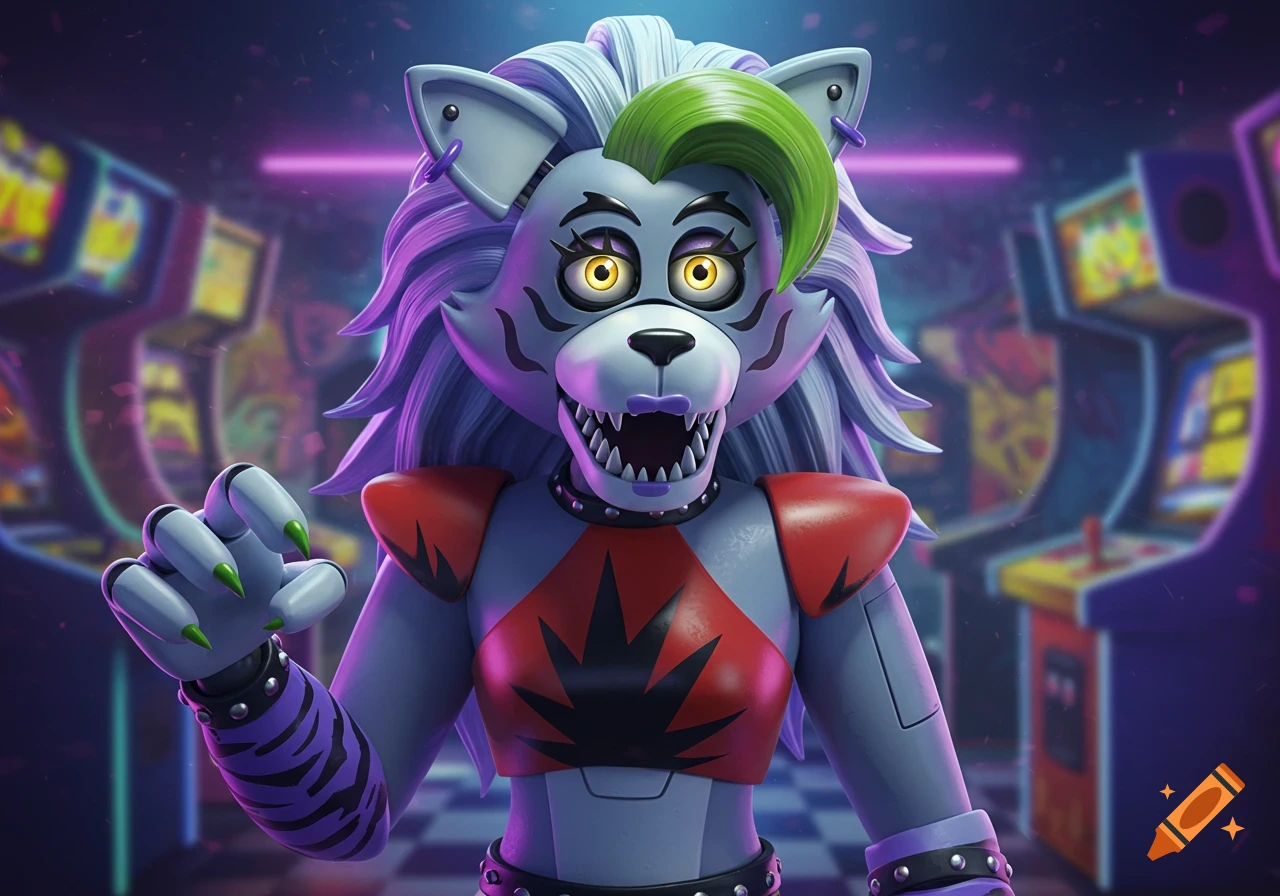 A detailed 3D render of Roxanne Wolf from Five Nights at Freddy's, a gray animatronic wolf with green hair, baring teeth in an arcade.