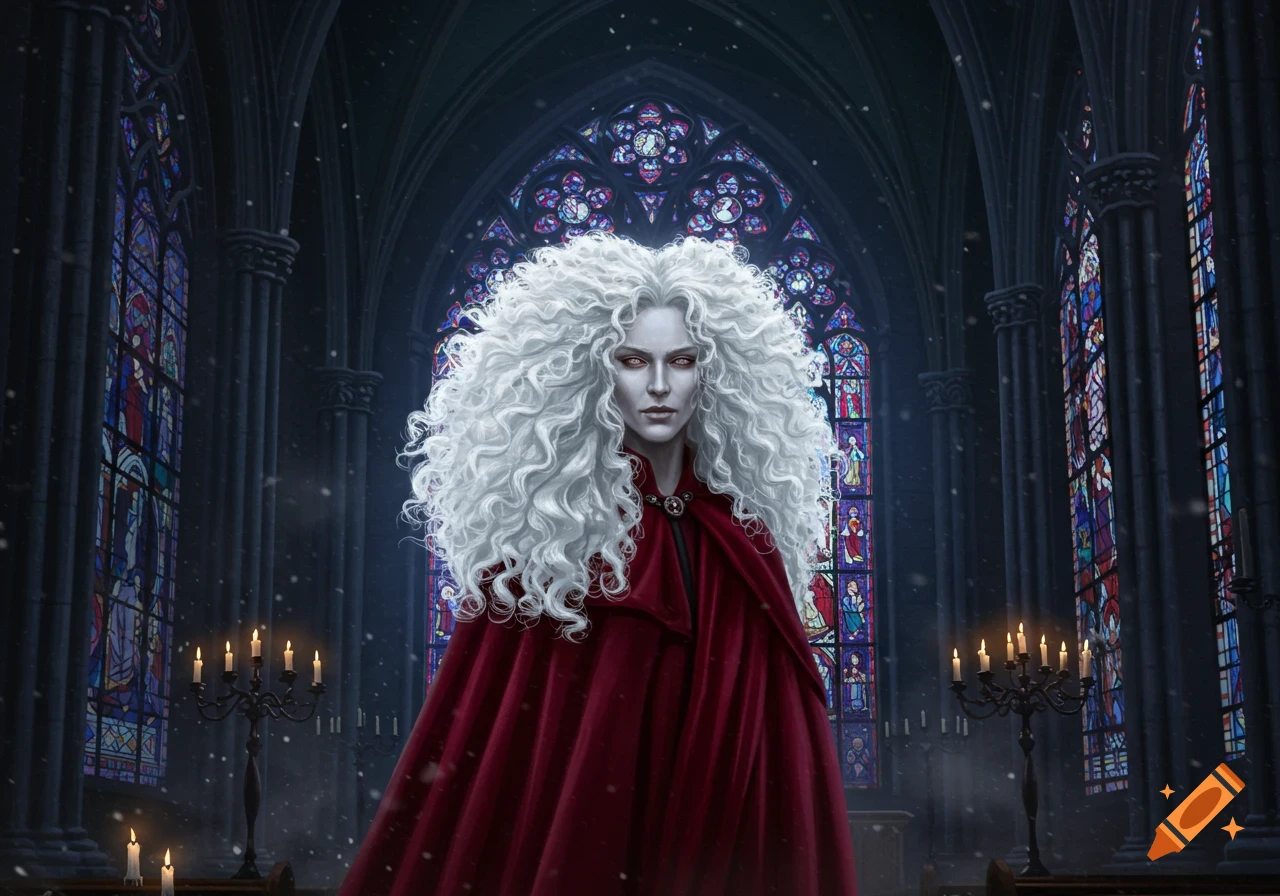 A pale woman with voluminous white curly hair and red eyes, wearing a red cloak, stands in a dark gothic cathedral.