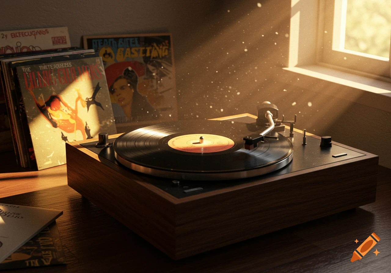 A close-up of a turntable playing a vinyl record, bathed in sunlight filtering through a window, with album covers stacked nearby. Photorealistic style.