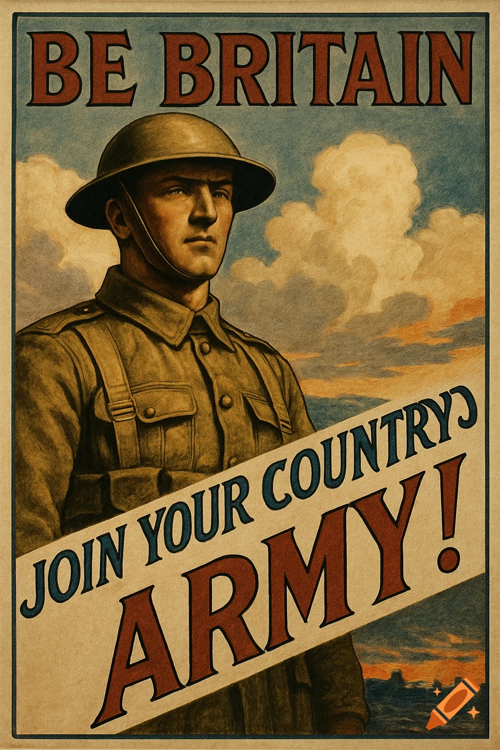Vintage World War 1 propaganda poster with a British soldier and the text "BE BRITAIN, JOIN YOUR COUNTRY'S ARMY!"