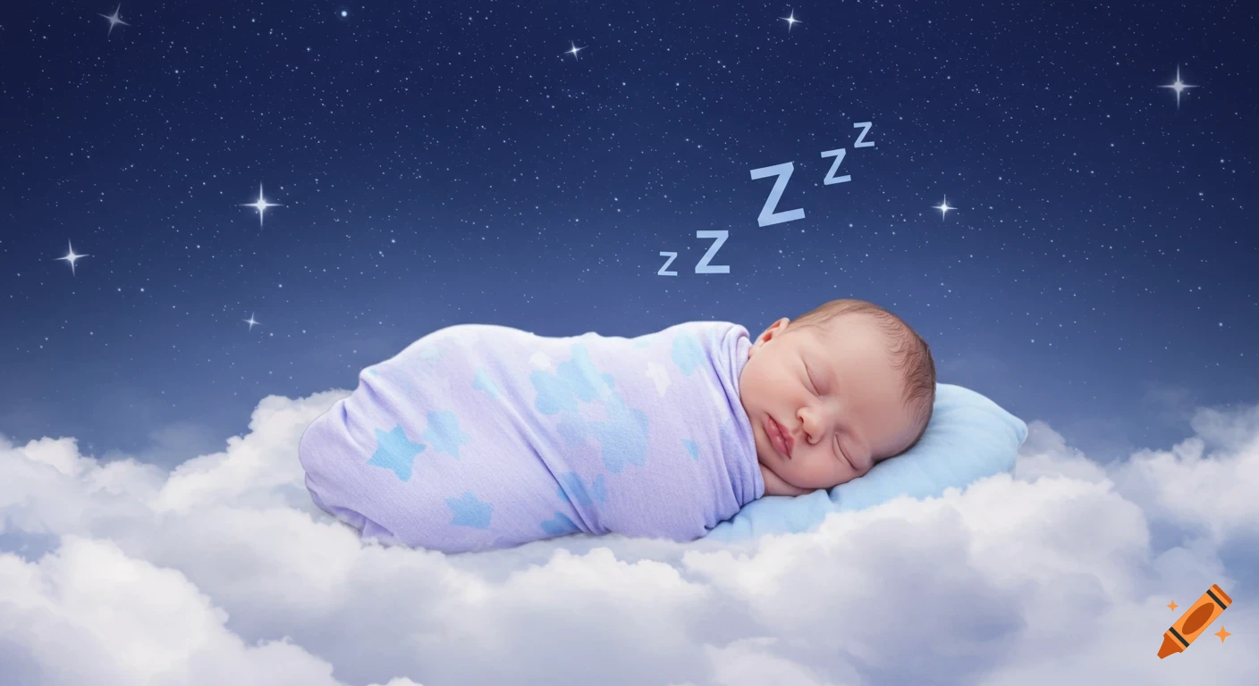 A sleeping newborn baby swaddled in a lavender blanket on clouds under a starry night sky with floating Z's.