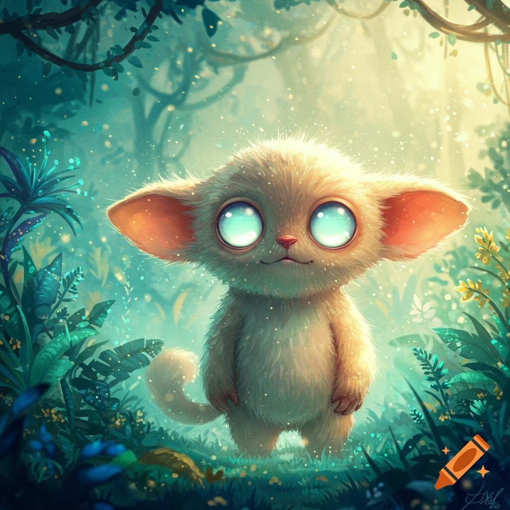 A cute, fluffy, big-eyed creature with large ears in a magical, glowing jungle, digital art.